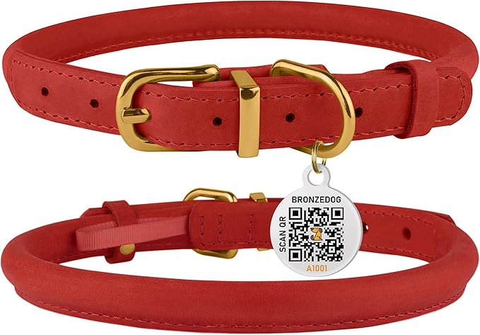 BronzeDog Rolled Leather Dog Collar with QR ID Tag, Adjustable Soft Round Collars for Small Medium Large Dogs Puppy (16" - 19" Neck Size, Classic Red)