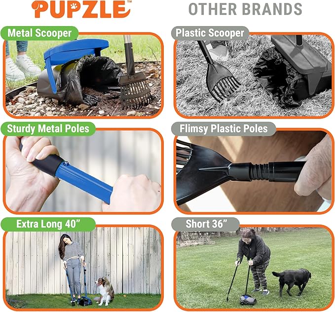 Pupzle Dog Pooper Scooper with Bag Attachment, 40" Long Handle Pooper Scooper for Large Dogs, Dog Poop Scoop for Yard, Large Capacity Swivel Bin and Rake, Lavender Scented Bags (Blue)