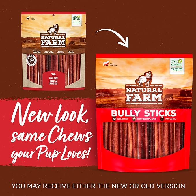 Natural Farm Odor-Free Bully Sticks (6 Inch, 15 Count), Single Ingredient: 100% Beef Chews, Grass-Fed, Non-GMO, Grain-Free, Fully Digestible Treats for Puppies, Small or Senior Dog