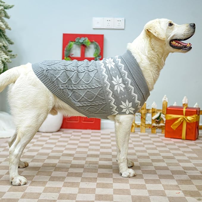 Warm Winter Pink Dog Sweater - Cold Weather Pet Clothes for Small Medium Large Dogs Indoor Outdoor, Soft Classic Knit Puppy Apparel Coat, Grey, XL