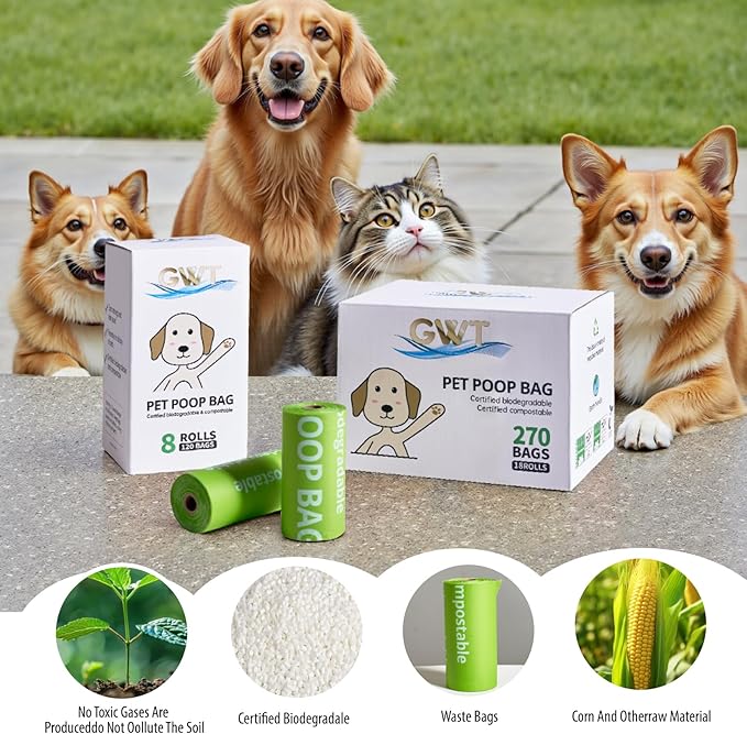 GWT Dog Poop Bags Rolls 9"x13" Certified Home Plant Based Doggie Bags for Poop 270 Count Pet Waste Bags for Outside and Backyard