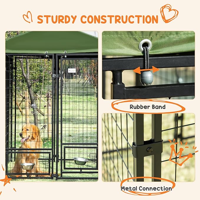 PawHut 8' x 4' x 6' Dog Kennel Outside, Welded Wire Outdoor Dog Kennel Run with 360° Rotating Bowls, Waterproof & UV Resistant Cover, for S&M&L Breeds, Chickens, Ducks, Green