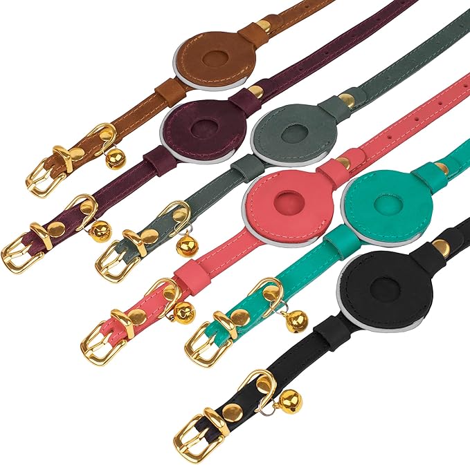 OOPSDOGGY Reflective Leather AirTag Cat Collar with Bell - Non Breakaway Adjustable Pet Collar with Apple Air Tag Holder - Lightweight GPS Kitten Collars for Small Dogs Puppy (Teal)