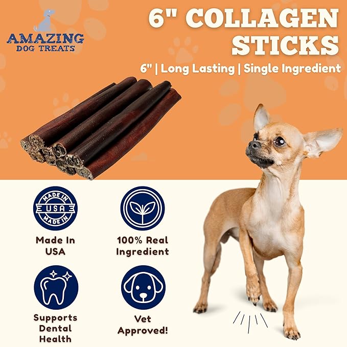 Amazing Dog Treats 6 Inch Collagen Stick - (25 Count)- Collagen Sticks for Dogs - No Hide Dog Bones