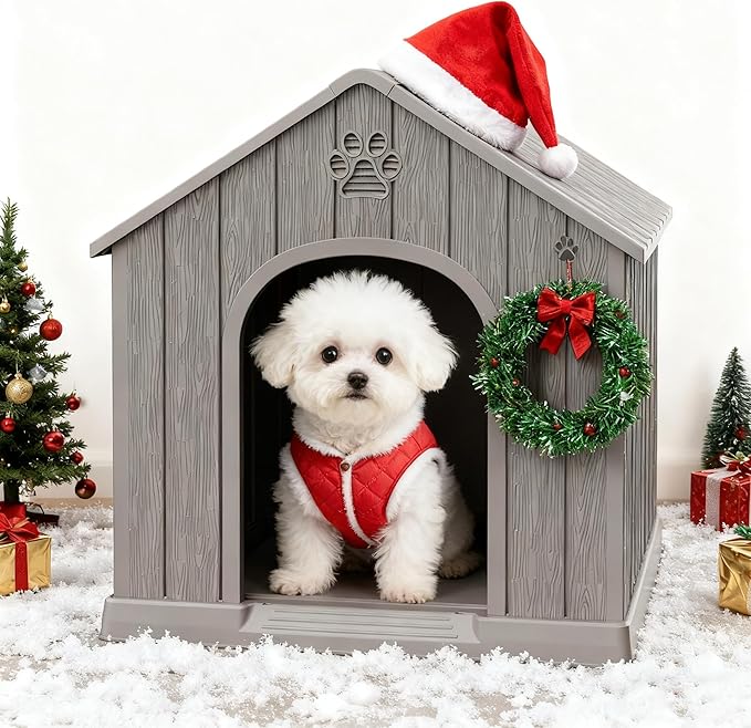 Dog House Outdoor Indoor, Plastic Small Dog House-Weatherproof & Insulated Design with Air Vents & Elevated Floor for Small to Medium Dogs, Easy Clean and Assemble (Grey)