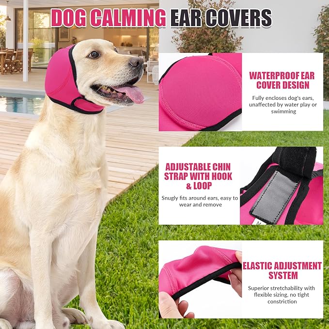 SlowTon Quiet Ears Dog Hoodie - 2 Pcs Ear Wrap Dog Ear Muffs Noise Protection, Anxiety Relief Dogs Hat Calming Hood Head Cover, Pet Headband Dogs Ear Protector for Grooming, Force Drying (Pink,L)