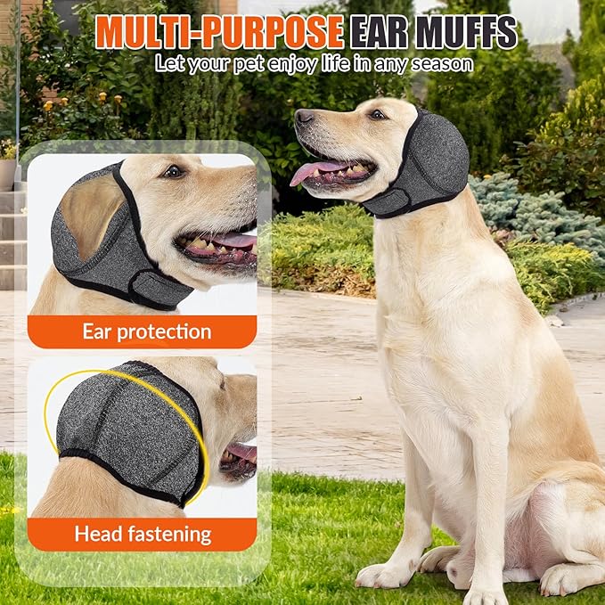 SlowTon Quiet Ears Dog Hoodie - 2 Pcs Ear Wrap Dog Ear Muffs Noise Protection, Anxiety Relief Dogs Hat Calming Hood Head Cover, Pet Headband Dogs Ear Protector for Grooming, Force Drying (Grey,L)