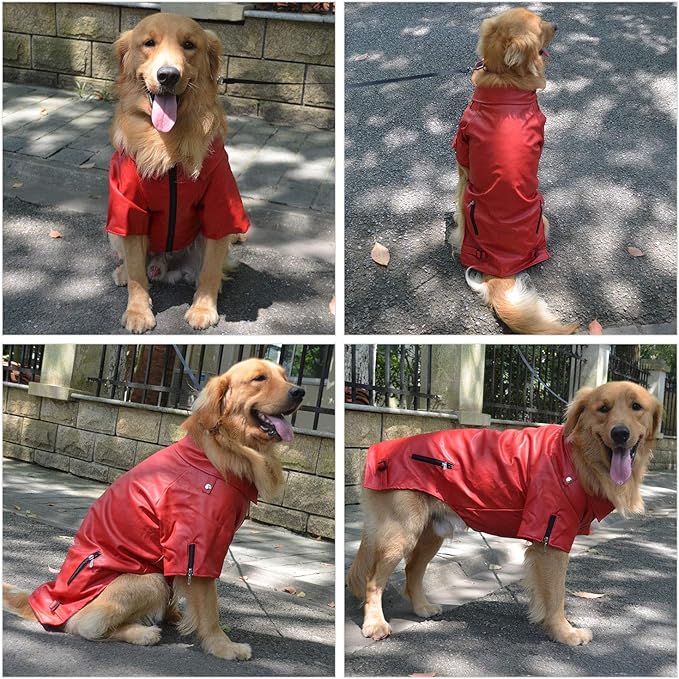 Lovelonglong Cool Dog Leather Jacket, Warm Coats Dogs Windproof Cold Weather Coats for Large Medium Small Dogs, Boston Terrier Clothing Red XXL