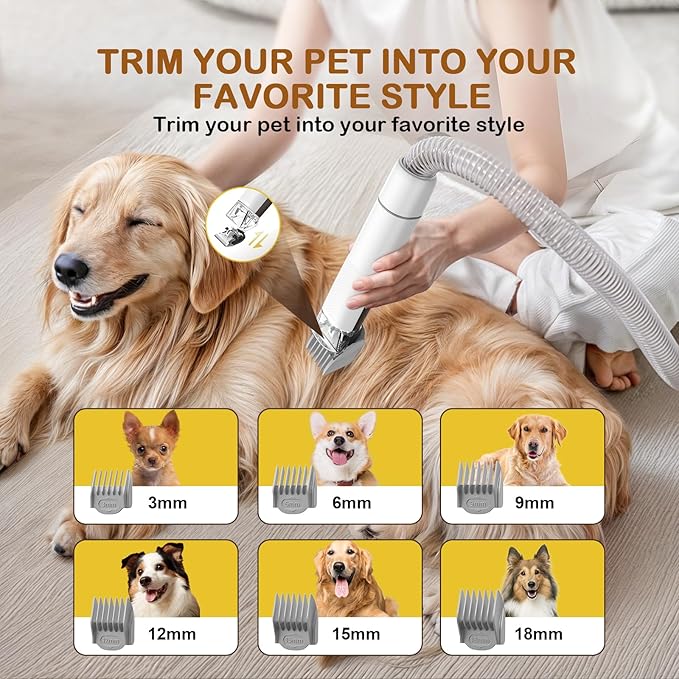 Dog Grooming Vacuum, Dog Grooming Kit with Pet Clipper Nail Grinder, 3 Suction Modes Dog Brush Vacuum with 6 Pet Grooming Tools (Coffee)