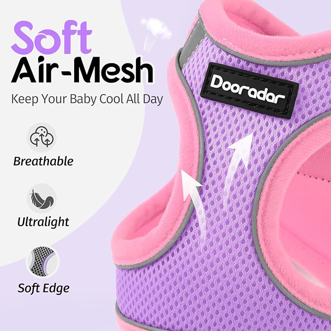Dooradar Cat Harness and Leash Set, Escape Proof Lightweight Kitten Harness, Soft Breathable Reflective Vest for Outdoor Walking Traveling, Adjustable for Large Cats, Purple & Pink, L