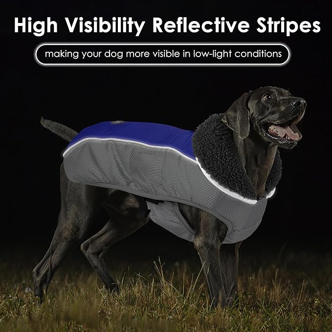 Dog Coat, Waterproof Ripstop Dog Winter Jacket with Leash Hole, Reflective Adjustable Warm Pet Fleece Snow Sweater for Small Medium Large Dogs - Blue, 2XL