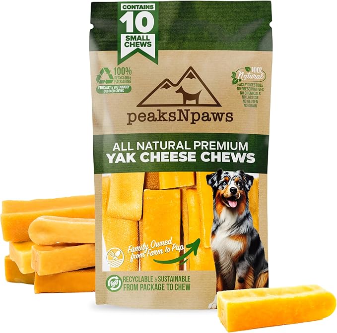 peaksNpaws Himalayan Yak Chews, High Protein Cheese Sticks, Lactose Free, Natural, Long Lasting Dog Treat for Aggressive Chewers Under 15 lbs, 10 Small Treat Sticks, 100% Eco-Friendly Packaging