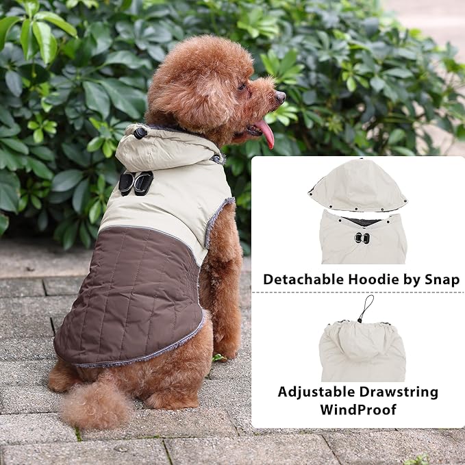 Detachable Hooded Dog Coat with Harness for Medium Dogs,Super Warm Fleece Puppy Jacket for Cold Winter Doggie Coats,Brown L