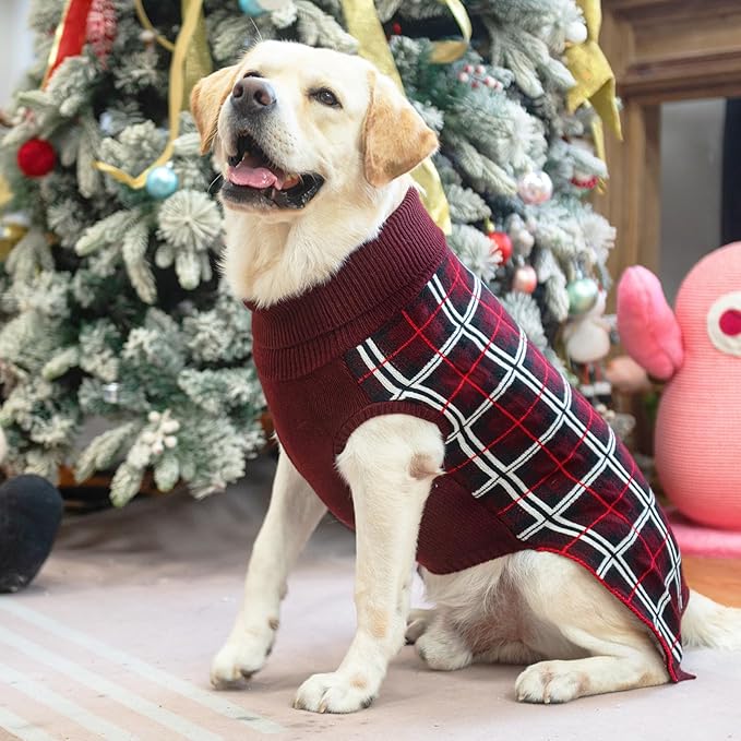 PUPTECK Dog Christmas Sweaters for Large Medium Small Dogs - Fall Classic Plaid Style Puppy Holiday Winter Coat Clothes Warm, Deep Red, L
