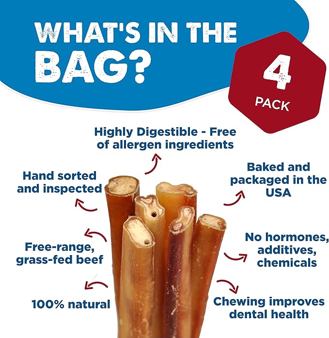 Best Bully Sticks Natural Jumbo Bully Sticks for Large Dogs - 6 Inch, 4 Count (Pack of 1) - 100% Free-Range Grass-Fed Beef, Single-Ingredient, Grain and Rawhide Free Long Lasting Dog Chews