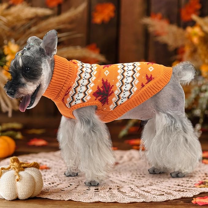 KOOLTAIL Cable Knit Dog Sweater Turtleneck, Cold Weather Pullover Classic Knitwear, Thick Warm Winter Pet Clothes, Fall Maple Leaves Thanksgiving Dog Sweater for Small Medium Large Dogs Cats, Orange L