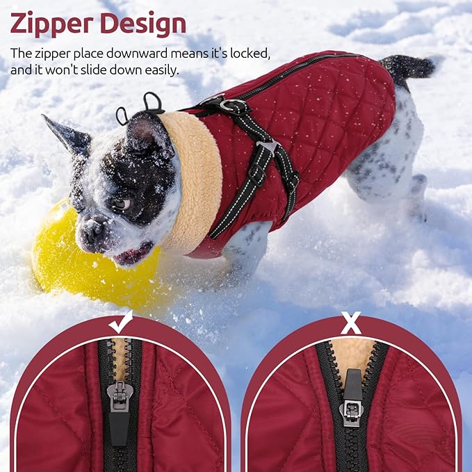 Queenmore Dog Coats for Large Dogs, Dog Jacket, Warm Fleece Winter DogCoat with Harness Built in, Back Zipper Pet Jacket for Large Breeds, Thick Fleece Lining Pet Snowsuit, Burgundy 2XL