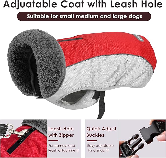 Dog Coat, Waterproof Ripstop Dog Winter Jacket with Leash Hole, Reflective Adjustable Warm Pet Fleece Snow Sweater for Small Medium Large Dogs - Red, S