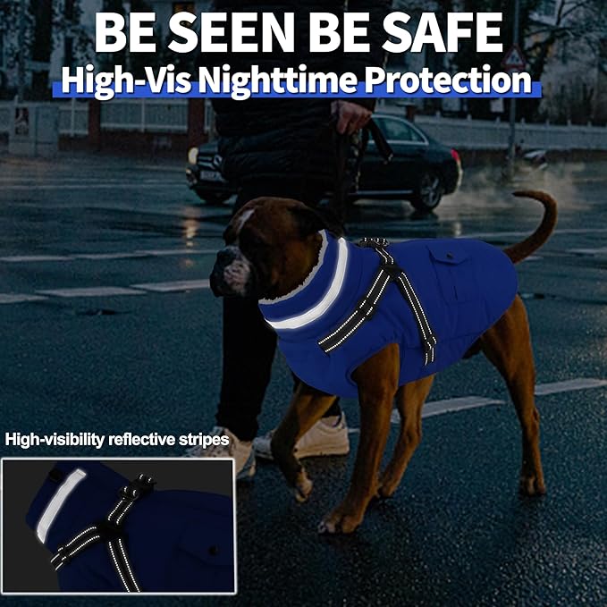 Dogcheer Dog Coat with Harness, Waterproof Warm Dog Winter Jacket with Pockets, Reflective Pet Fleece Jacket Turtleneck Snowsuit for Small Medium Large Dogs - Blue, XL