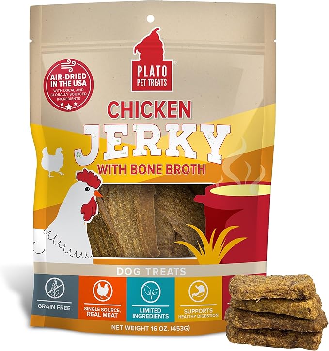 PLATO Pet Treats Jerky Dog Treats - Air-Dried Jerky for Dogs - Delicious, Real Meat Dog Treats - Grain Free - Supports Healthy Digestion - Chicken Jerky with Bone Broth 16oz