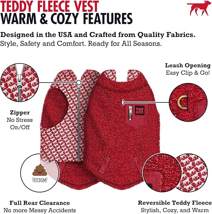 Tuff Pupper Reversible Fleece Sweater Vest for Dogs | Lightweight Comfortable Insulated Jacket | Front Zip Closure | Machine Washable | Built-in Leash Hole | Sizes for All Breeds (Medium, Red)