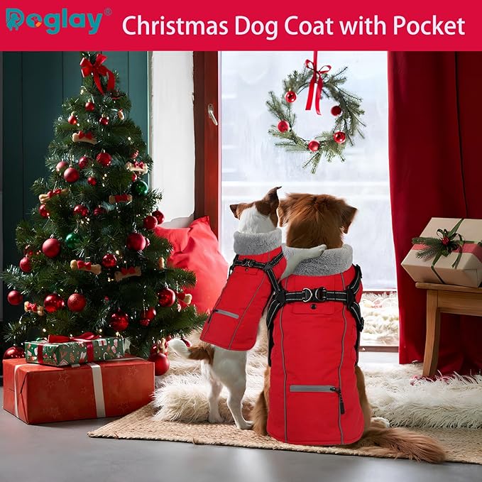 Doglay 2 in 1 Dog Coat with Harness Built-in, Waterproof Dog Winter Jacket with Pocket & Poop Bags, Reflective Adjustable Pet Winter Coat for Small, Medium, Large Dogs