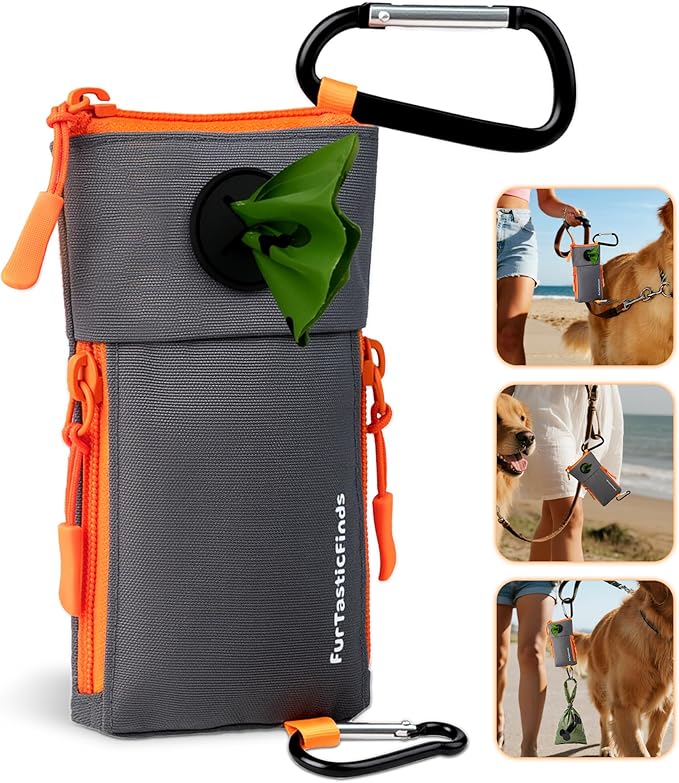 Dog Poop Bag Holder for Leash with 2 Waterproof Storage Pouches, Carabiner Clip, Zipper Soft Doggy Pouch for Pet Waste Bags, Dog Walking, Training, Travel (Grey)