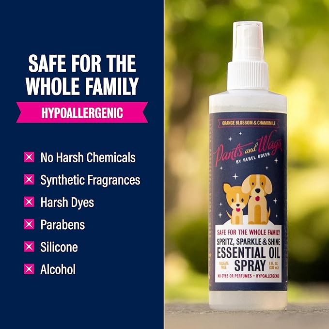 Rebel Green Pants & Wags Spritz, Sparkle & Shine Essential Oil Spray - Orange Blossom & Chamomile - Hypoallergenic - No Dyes or Perfumes - 8 oz - 2 Pack
