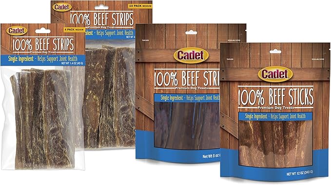 Cadet Slim Cut 100% Beef Strips Dog Treats - Long-Lasting, Healthy, & Natural Beef Esophagus Treats for Small & Large Dogs - Low Calorie & High Protein Dog Chews, Medium (2.8 oz.) (Pack of 4)