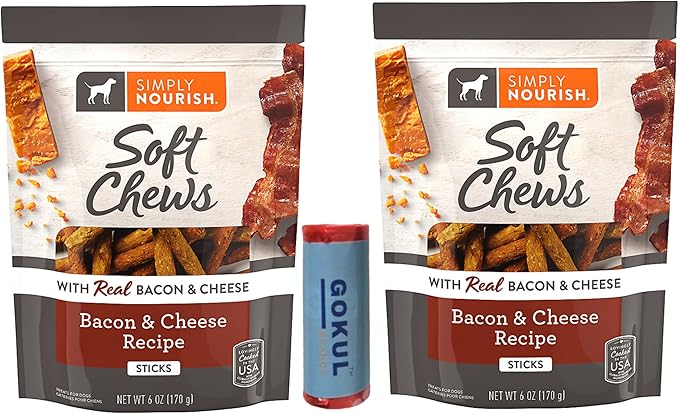Wiggles & Wags Meaty Sticks, Also Known as Bacon & Cheese Soft Chews, Soft & Chewy Dog Treats for Adult Dogs, Made with Real Beef, 2-6 Oz Packs Bundled with Dog Poop Bag by Gokul Brands