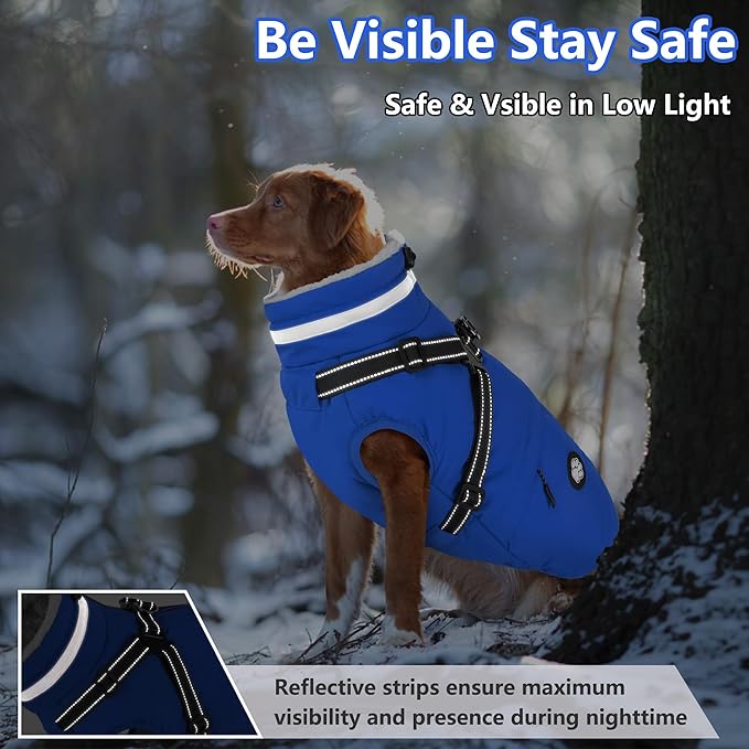 Dogcheer Dog Coat, Waterproof Dog Winter Jacket with Harness, Reflective Adjustable Doggy Cold Weather Coats, Christmas Pet Fleece Snowsuit for Small Medium Large Dogs - Blue, XL