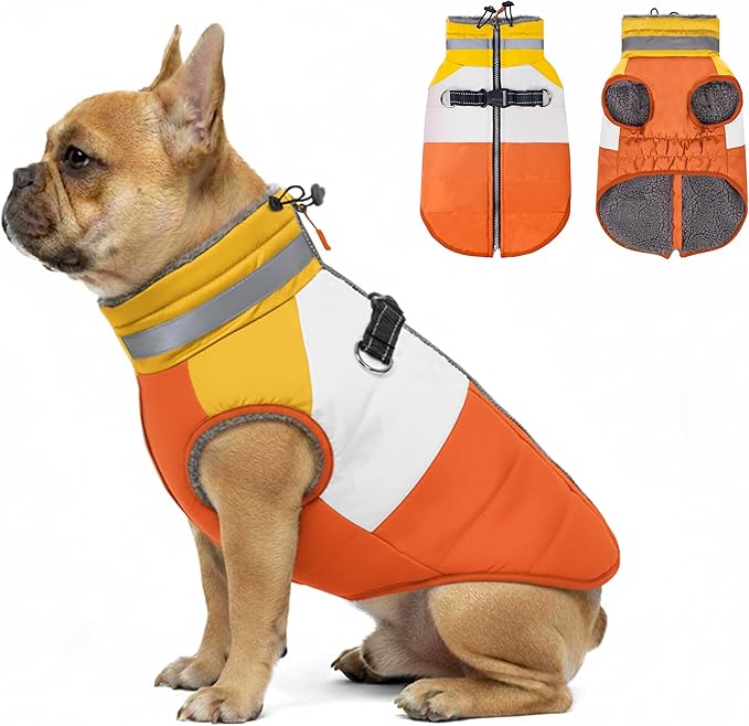 azuza Dog Jacket for Medium Dogs Waterproof Dog Coat with Reflective Strips and Harness Built in Warm Fleece Dogs Winter Coat Windproof with Back Zipper, Orange XL
