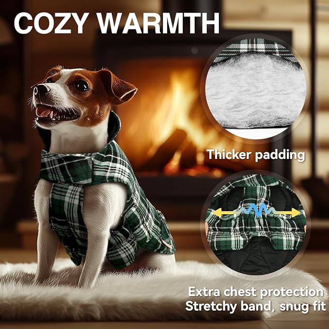VIVAGLORY Softjoy Dog Coat, Dog Jacket for Winter & Christmas, Coat with Harness Hole & Velcro Closure, Reversible Plaid Checkered Warm Fluffy Heavy Duty for Puppy, S, Green