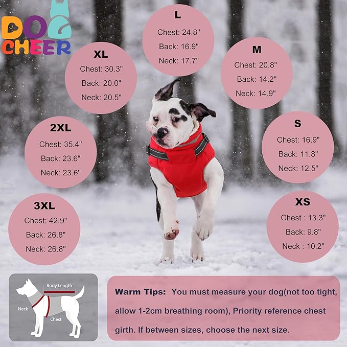 Dogcheer Dog Coat with Harness, Waterproof Warm Dog Winter Jacket with Pockets, Reflective Pet Fleece Jacket Turtleneck Snowsuit for Small Medium Large Dogs - Red, 3XL