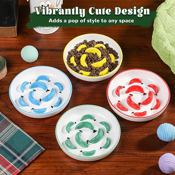 Ceramic Cat Slow Feeder Bowl - Vibrant Cat Feeding Bowl - Cute Maze Food Dish for Slow Eating - Dishwasher Safe - 6.3''W x 1.2''H - 7 OZ - Blue