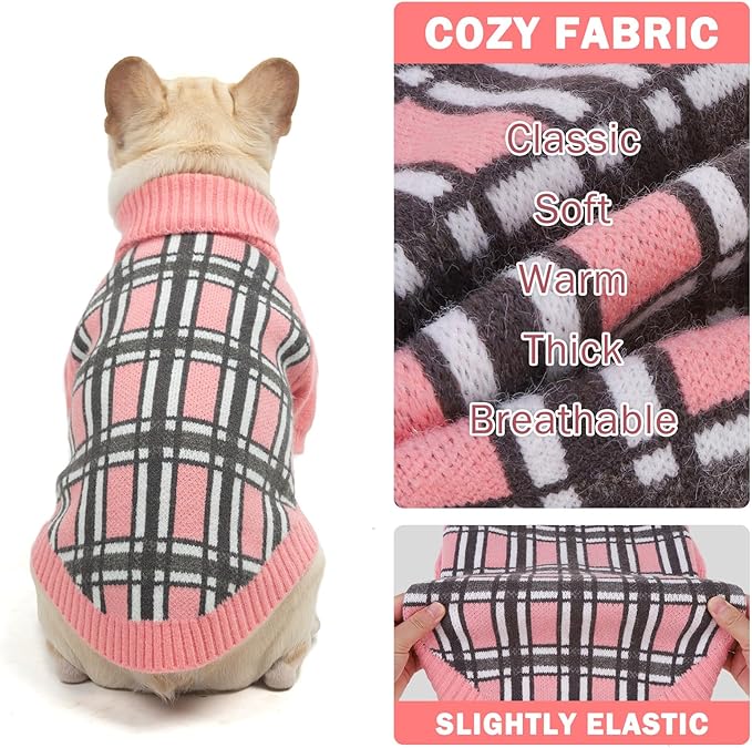 SCENEREAL Turtleneck Dog Sweater for Small Medium Large Dogs Girls Boys, Christmas Plaid Pullover Puppy Sweatershirt, Dogs Cold Weather Outfit Clothes, Ideal Gift for Pet in New Year, Pink Plaid L