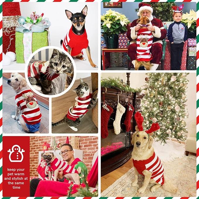 PETCARE Reindeer Christmas Dog Sweater Red Striped Cat Sweater Cartoon Elk Pet Vest Holiday Dog Clothes Puppy Sweaters for Small Medium Large Dogs Cats Fall Winter Outfits Xmas Dogs Costume,X-Large