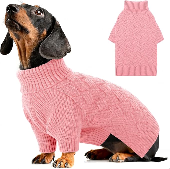 AOFITEE Dog Sweater, Turtleneck Dog Sweaters for Small Dogs Female, Dogs Winter Sweaters Girl Boy, Small Pet Christmas Sweater, Classic Cable Holiday Knitwear for Pug Dachshund (Pink, S)