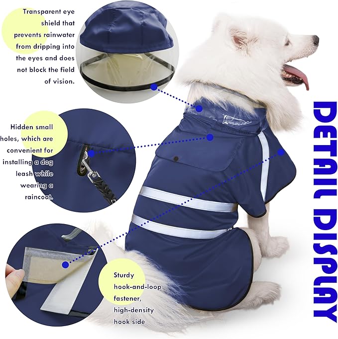 Dog Raincoat, Adjustable Rain Jacket with Hooded Double Layer for Large Medium Small Dogs Puppies, Lightweight Waterproof Rain Coat Poncho with Reflective Stripe Navy,XL