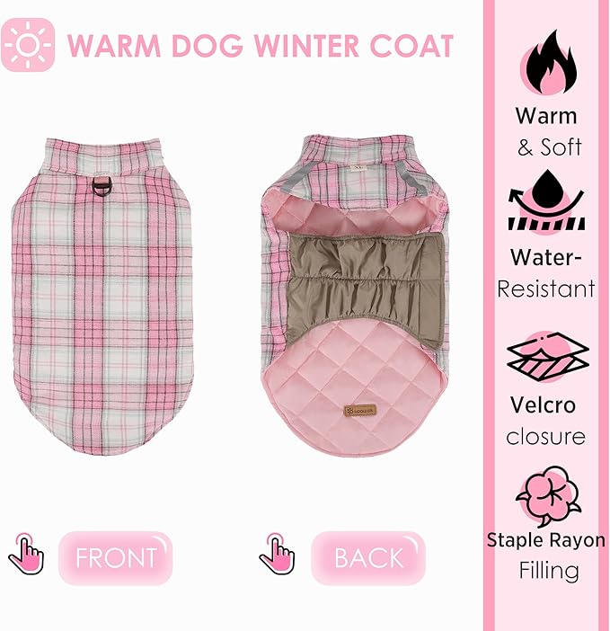 Quilted Dog Winter Coat, Plaid Lined Reversible Vest, Reflective Safety Strip, Cold Weather Pet Apparel Pink M