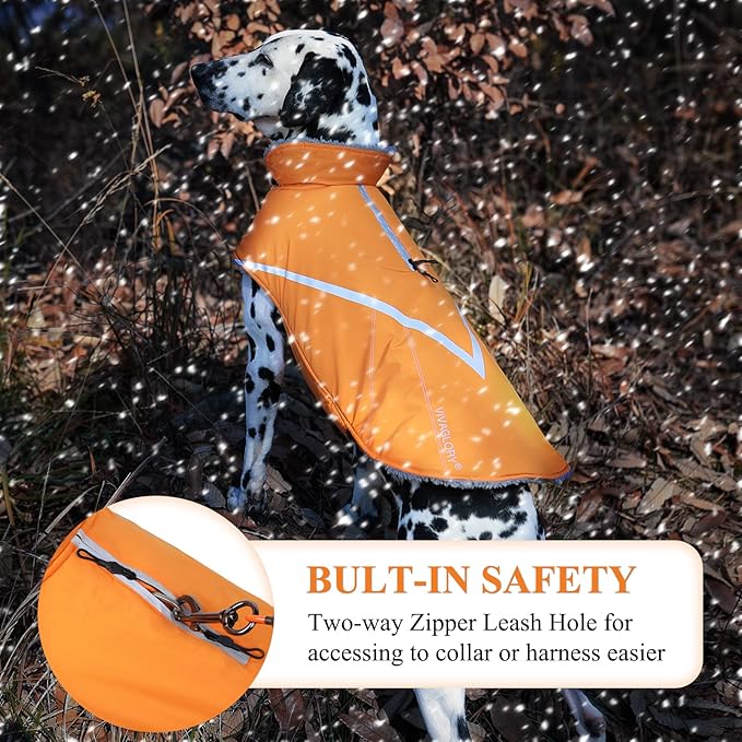 VIVAGLORY Snowrap Dog Coat, Jacket with Harness Hole & Velcro Closure, Dog Coat for Winter & Cold Weather, Fluffy Warm Fleece Lined Reflective Water Resistant for Puppy, XL, Orange