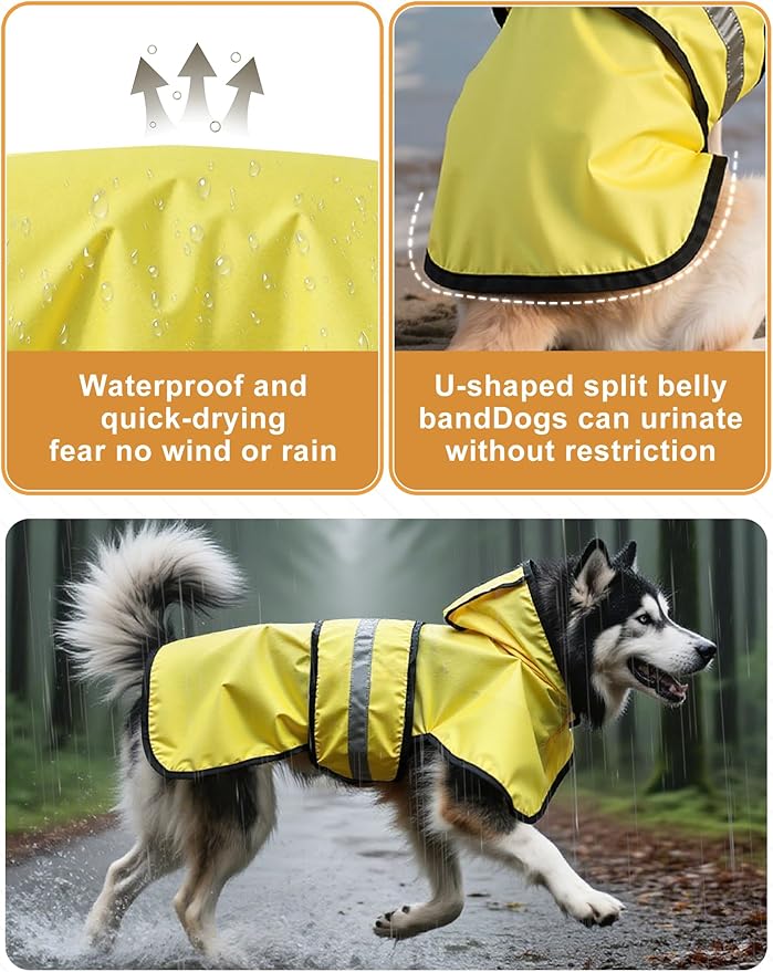 Dog Raincoat Jacket Adjustable Hooded Poncho Lightweight Waterproof Clothes with Strip Reflective Pet Rain Coat for Small to X-Large Dogs