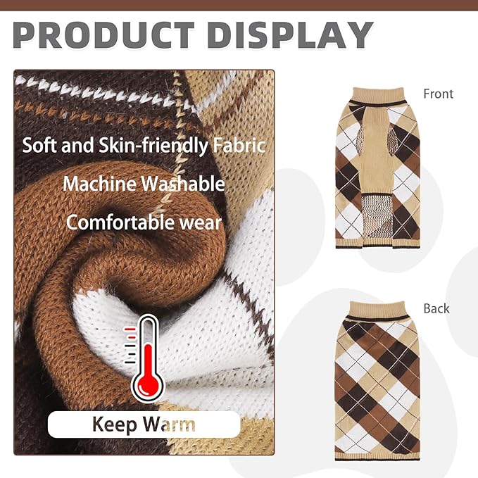 KOOLTAIL Dog Sweater Pet Knitted Clothes - Classic Plaid Pullover Turtleneck Thick Warm Fall Dog Sweaters with Leash Hole, Soft Dog Winter Clothes for Small Medium Large Dogs Cats Puppy Girls Boys,SM