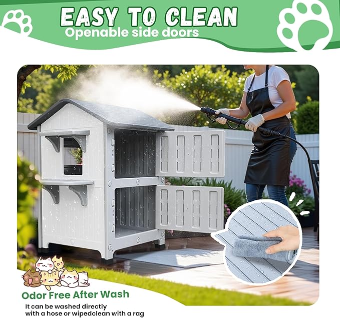 Insulated Outdoor Cat Houses - Waterproof 2 Story Cat House for Outside with Escape Door for Winter，Elevated Outdoor Cat House for Feral Stray Barn Cat Kitty