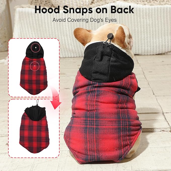 Fleece Lining Dog Hoodie for Small Dogs Extra Warm Plaid Sweater with Drawstring Hooded Coats in Winter Puppy Jacket,Red M
