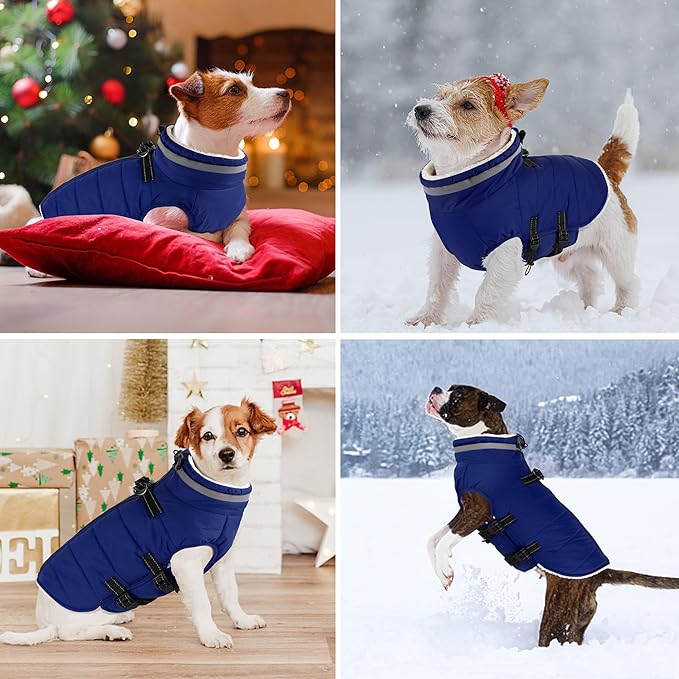 Dogcheer Dog Coat, Waterproof Dog Jacket with Harness, Reflective Adjustable Puppy Winter Coat with Zipper, Christmas Snow Jacket Clothes for Small Medium Large Dogs - Blue 2XL