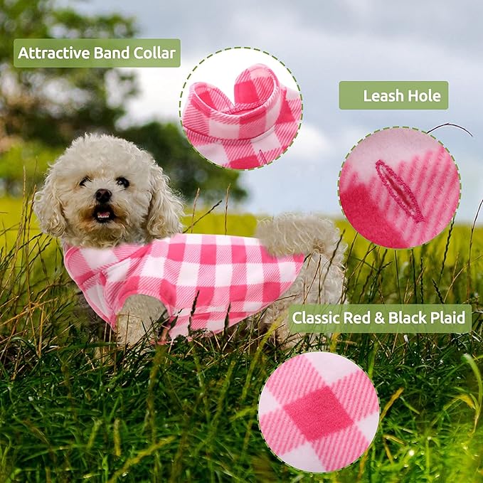 KAMA BRIDAL Dog Spring Autumn Winter Coat Pullover Fleece Vest for Cats & Small/Medium Dogs - Thin Sweater, Pink & White Plaid (L)