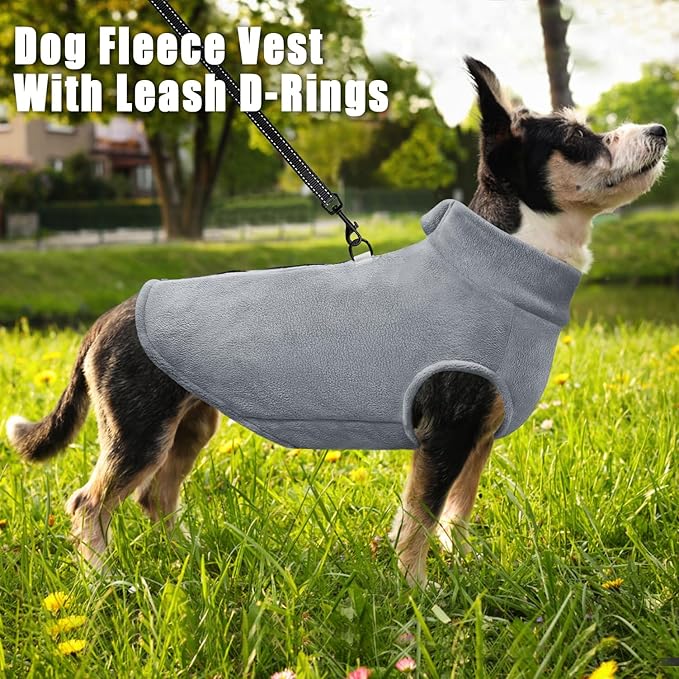 Idepet Dog Fleece Vest Sweater Zip Up Warm Pullover Dogs Jacket with D-Ring Leash Winter Cold Weater Coat Pet Sweatershirt Clothes Hoodie for Small Medium Dogs Boy Girl (Gray, L)