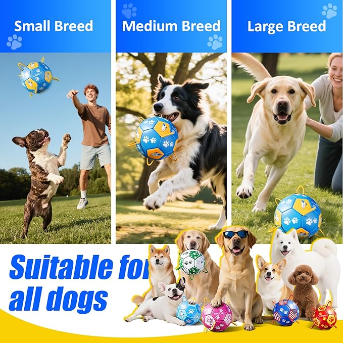 Size 3 Dog Soccer Ball with Straps Durable Training Ball for Pets Interactive Outdoor Dog Toy, Blue & Yellow, Paw Prints and Feather Design, for Medium & Large Puppies