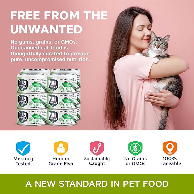 Pure Cravings Mackerel Flakes in Tuna Consommé, Canned Wet Cat Food Soup, 100% Mercury-Tested, Moist Can Fish, Grain-Free Protein, Non-GMO, 3oz, Pack of 12